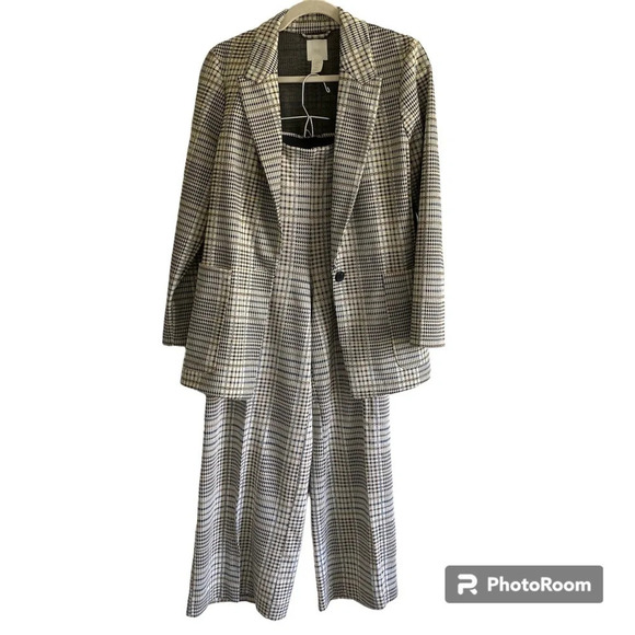 H&M Plaid Blazer and Stretchy Wide Leg High Rise Pants Set Size S/4 - Picture 1 of 13